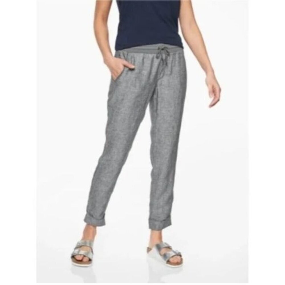 Athleta Bali Linen Jogger Pants Cuffed Ankle Crop Gray Size 8 Drawstring